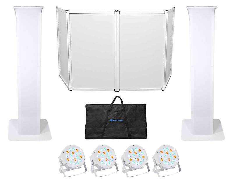 

(2) Rockville Totem Moving Head Light Stands + Black + White Scrims + Facade + Lights (2) RTP32W+RFAAW+(4) RockPAR50 WHT