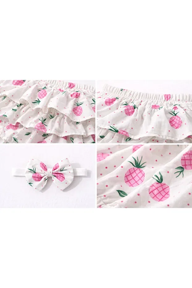Детские шорты для девочек с принтом Baby girl pink pineapple patterned ruffle shorts & bandana set Ues, Pink — фото 2