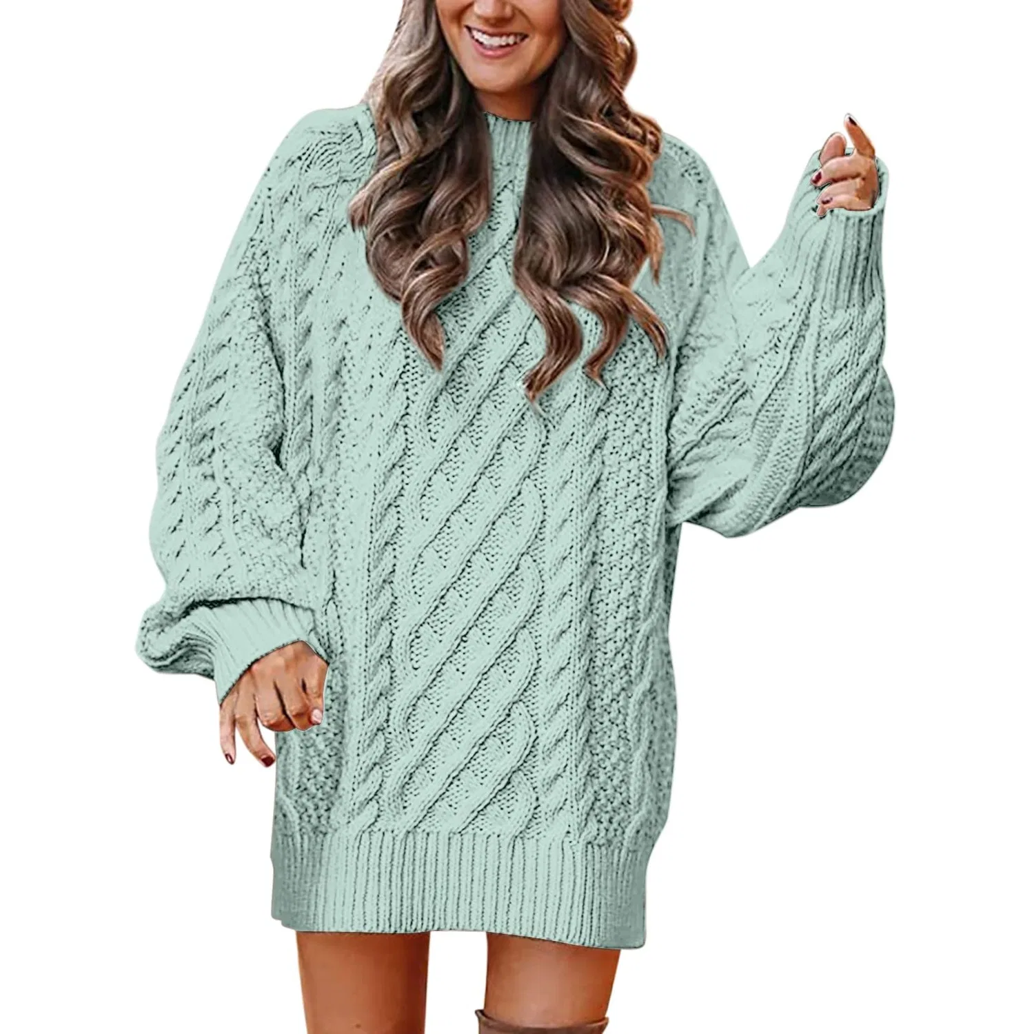 Женский свитер оверсайз с высоким воротом Chunky Knit Sweater, Green Mint