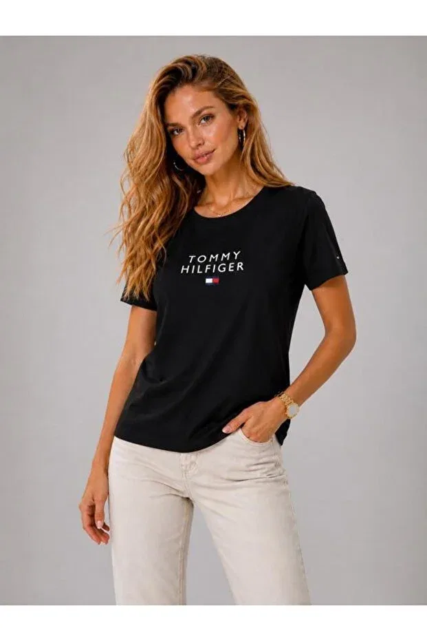 Женская футболка хлопковая с вышивкой Tommy Hilfiger, Dark Lacquer