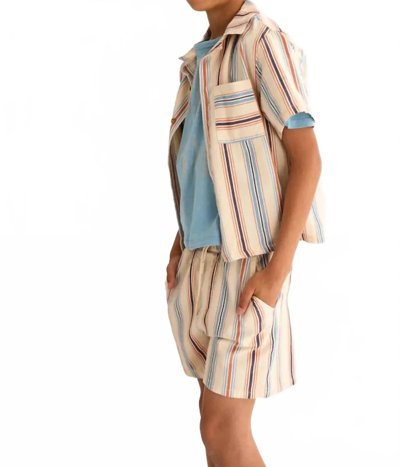 Детская рубашка с коротким рукавом и полосками Iro Striped Cotton Button Up Cozmo, Ivory — фото 2