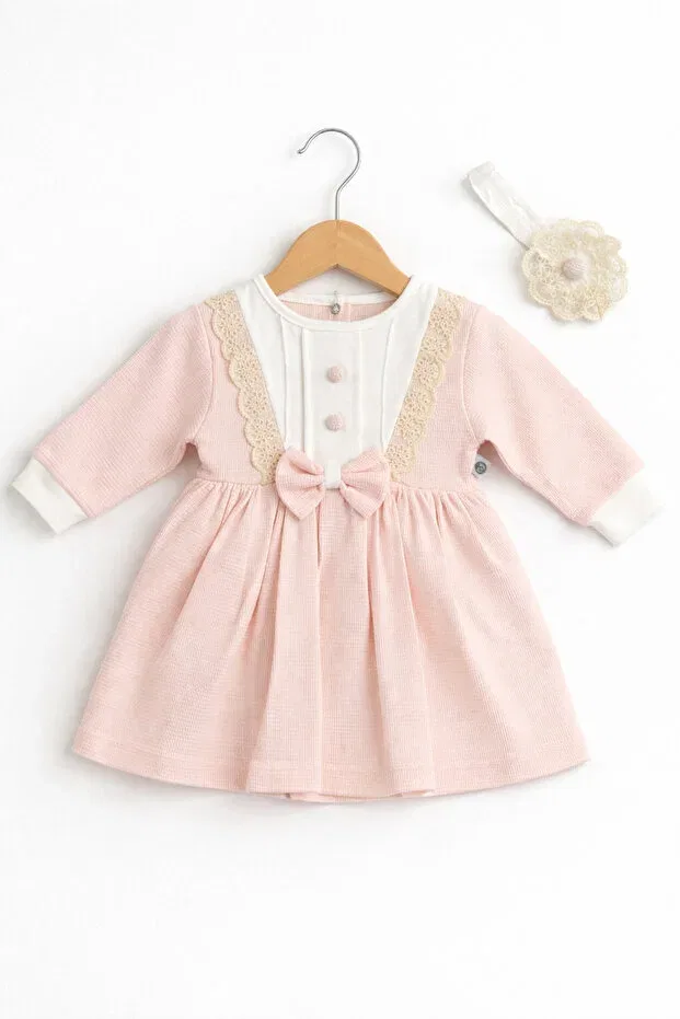 Детское платье для девочек с кружевом Lace detailed floral appliqué baby girl dress Işıl Baby, Powder
