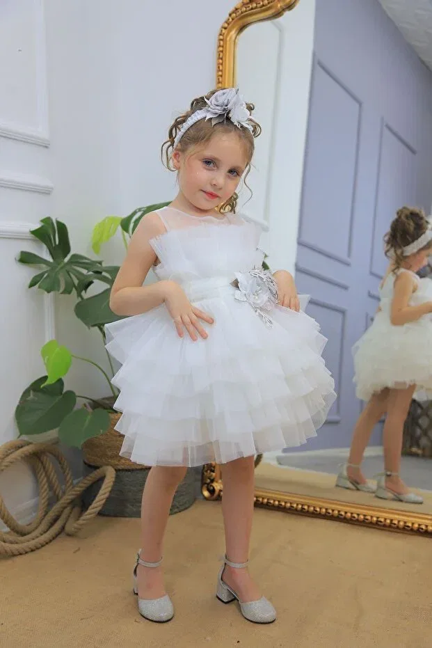 Детское вечернее платье для девочек с цветочным декором Miss Rain, White — фото 4