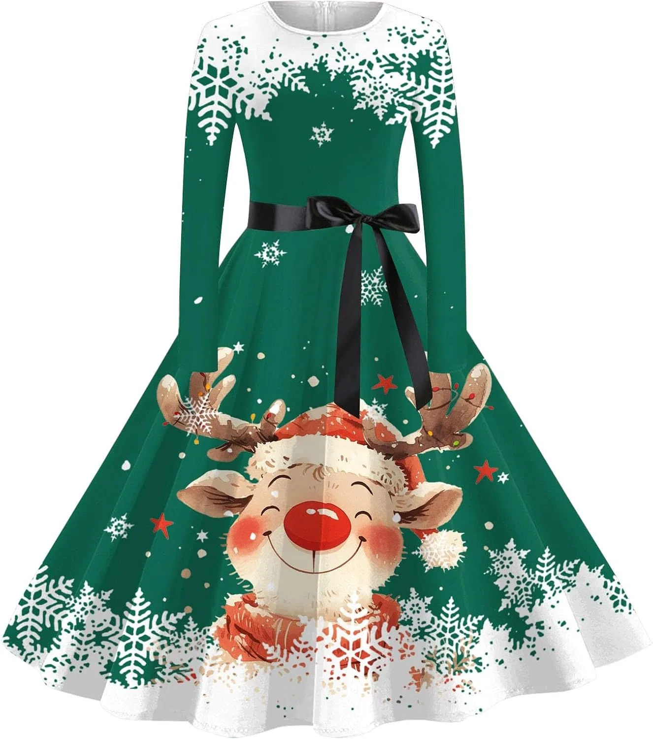 Женское платье-трапеция с принтом, Xmas Tree Santa, с длинным рукавом, с поясом, тёмно-зелёный