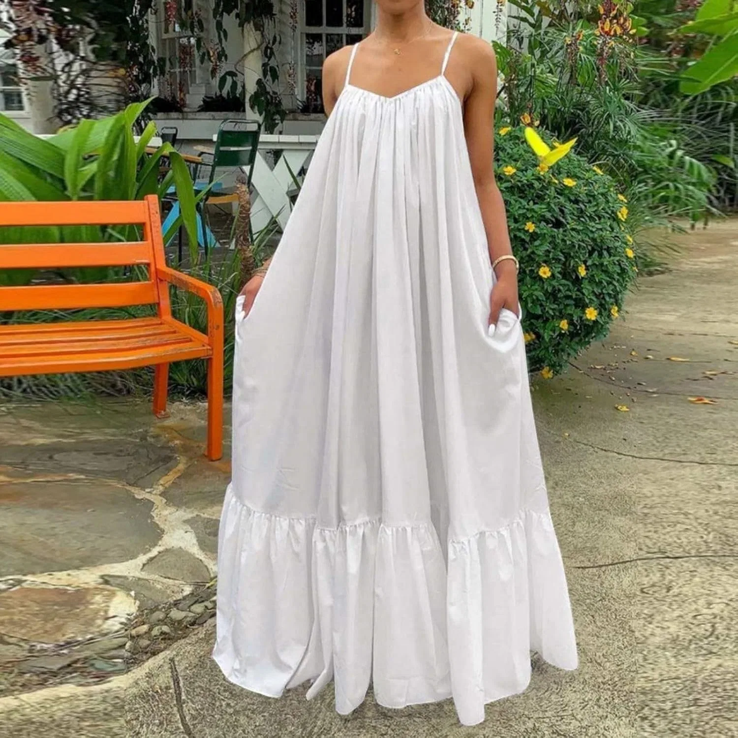 Женское платье-трапеция с рюшами, рушевая кайма, Oversized Loose Long Maxi Swing, белый — фото 2