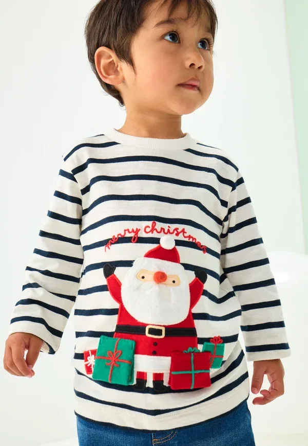 Футболка с длинным рукавом, хлопок, Regular fit - christmas - long sleeved top, Next, белый/синий с аппликацией Санта — фото 2