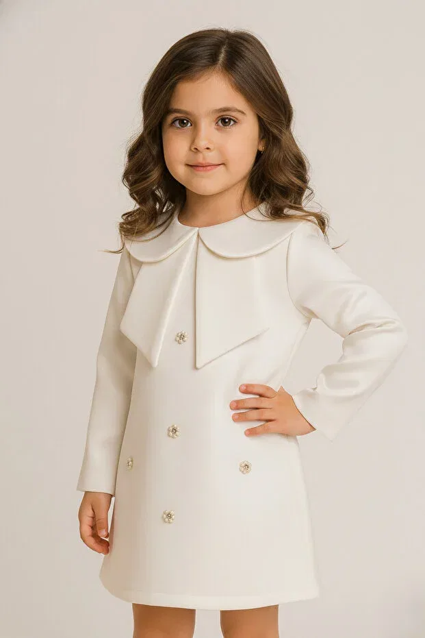 Детское платье для девочек с длинным рукавом Pearl Embroidered Girls' Dress Melek Golden, Ecru — фото 3
