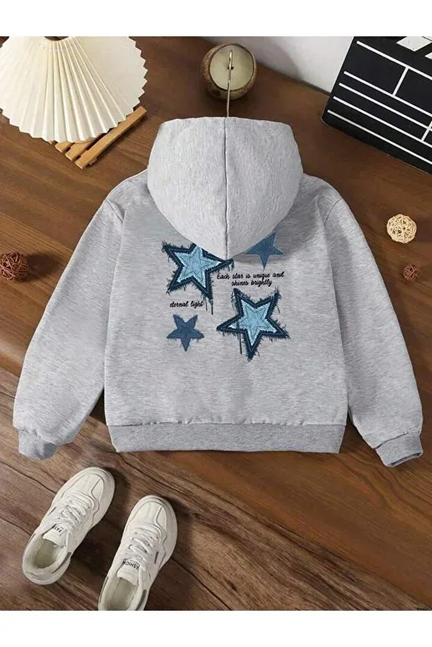 Детское худи для девочек с принтом Blue Stars Back Printed Morning Kids, Gray — фото 2