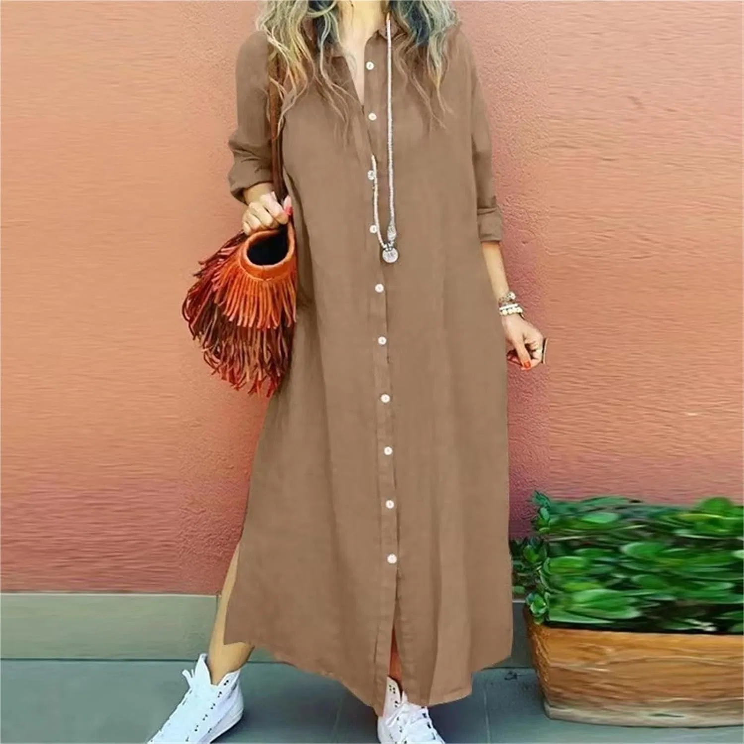 Женское свободное платье-рубашка с длинным рукавом, Khaki — фото 2
