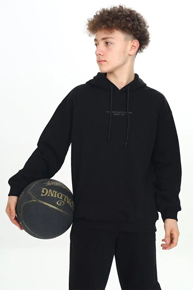 Детское худи для мальчиков с принтом Black Embossed Lettering Hooded Boys' Sweatshirt 19306 Cansın Mini, Black — фото 3