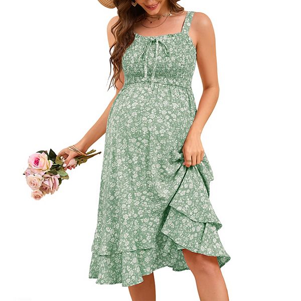 

Летнее платье-миди для беременных с цветочным принтом, завязками на плечах и двойной рюшей по подолу Clearflower, Green Floral