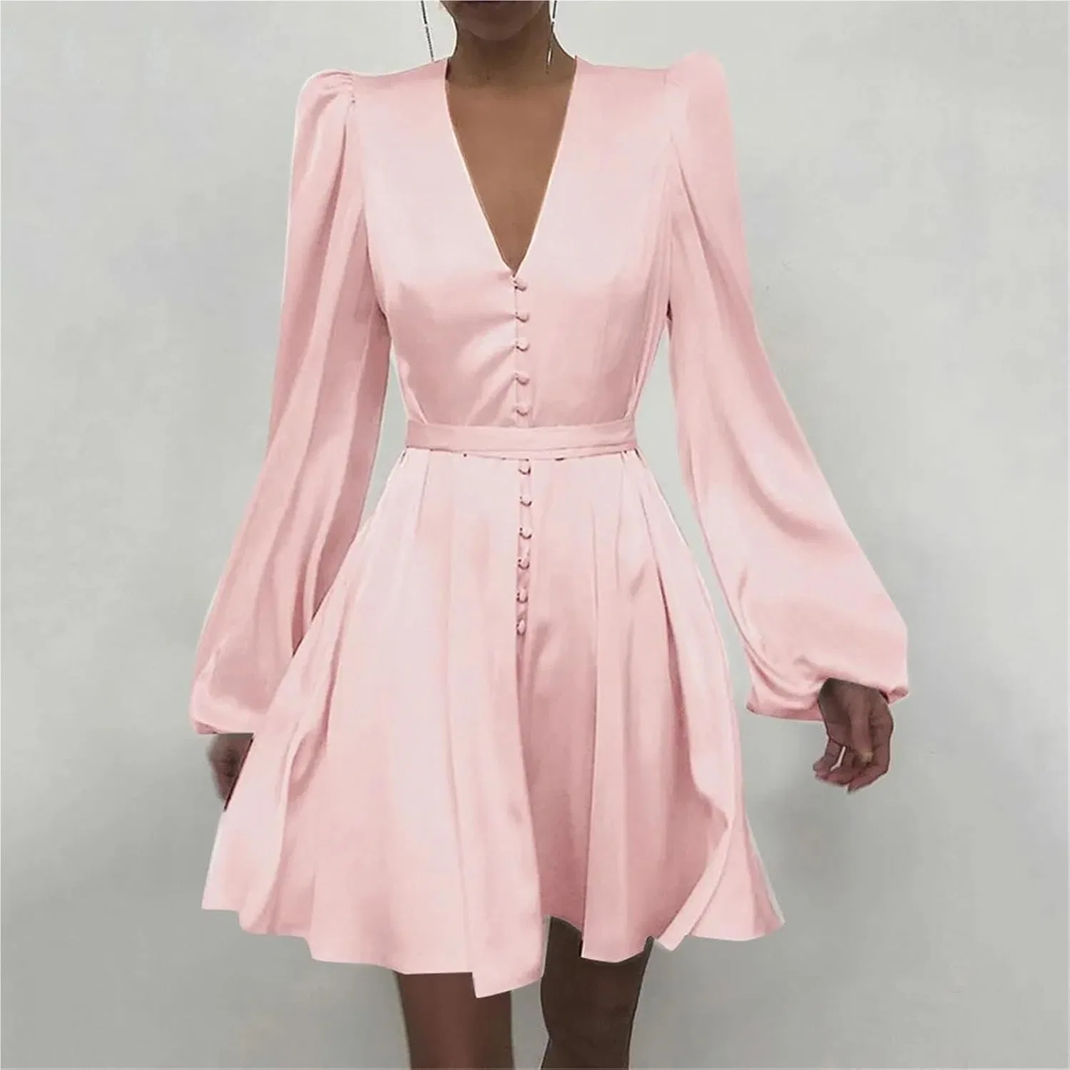 Женское элегантное платье с V-образным вырезом и длинным рукавом, Pink — фото 2
