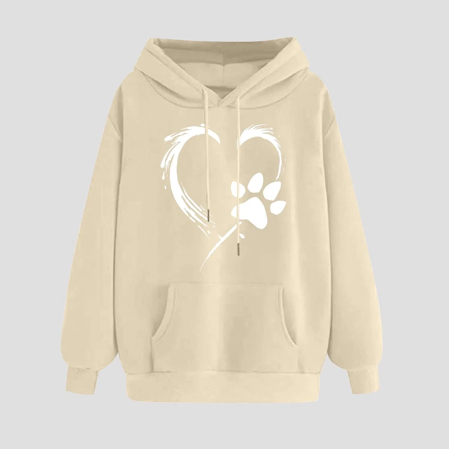 Женский свитшот с капюшоном с принтом Love Heart Dog Paw Print, бежевый — фото 2