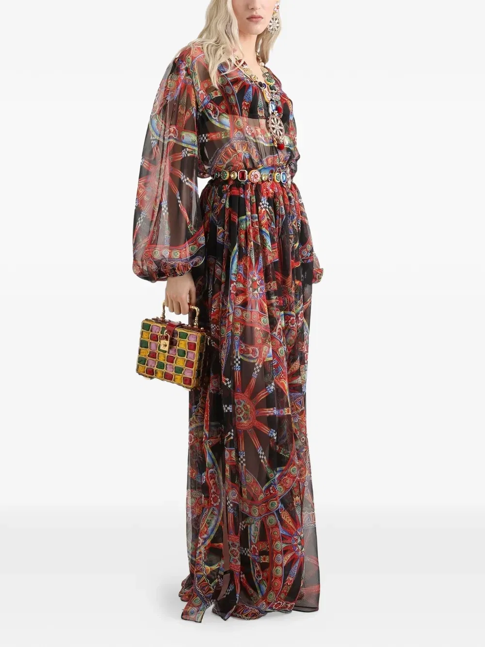 Длинное шифоновое платье с принтом Carretto Dolce & Gabbana, черный — фото 2