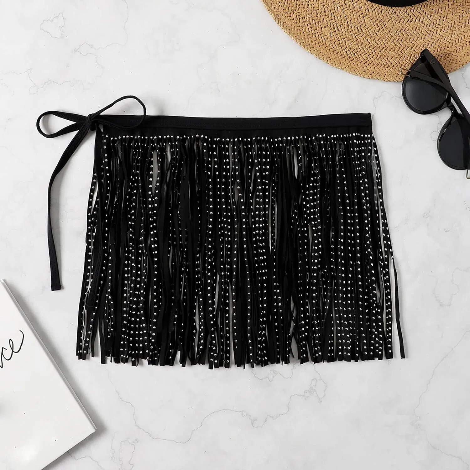 Женская бикини-юбка с блестками и бахромой, Black — фото 3