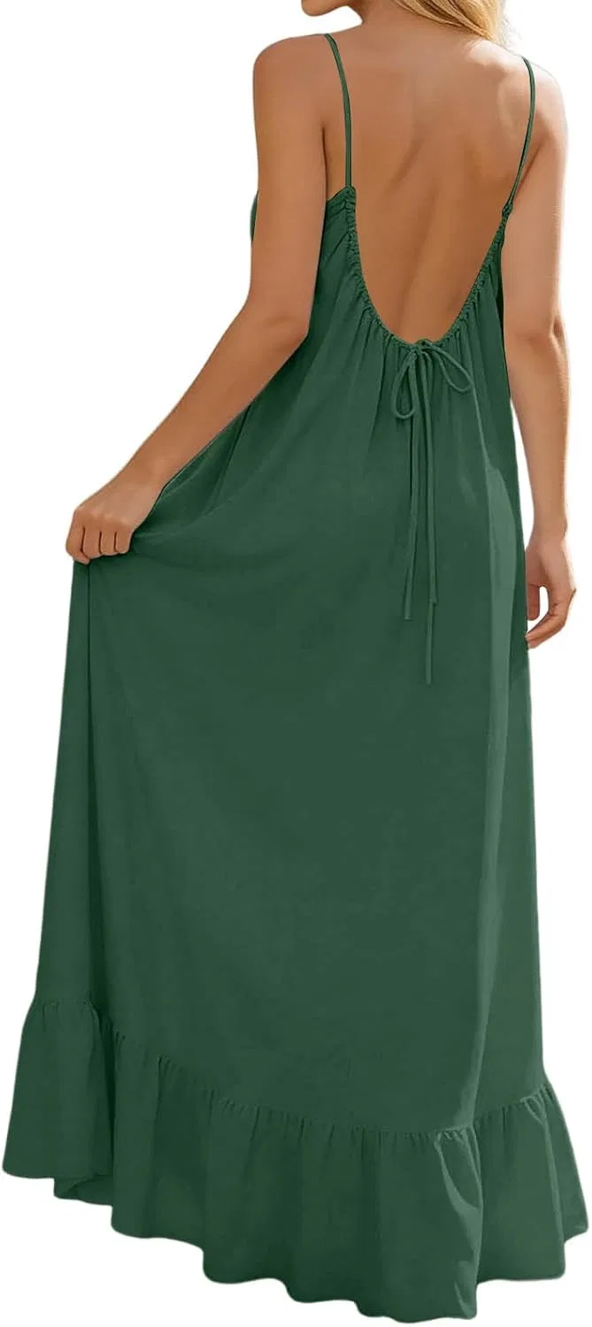 Женское летящее платье на бретелях с открытой спиной A012, Dark Green