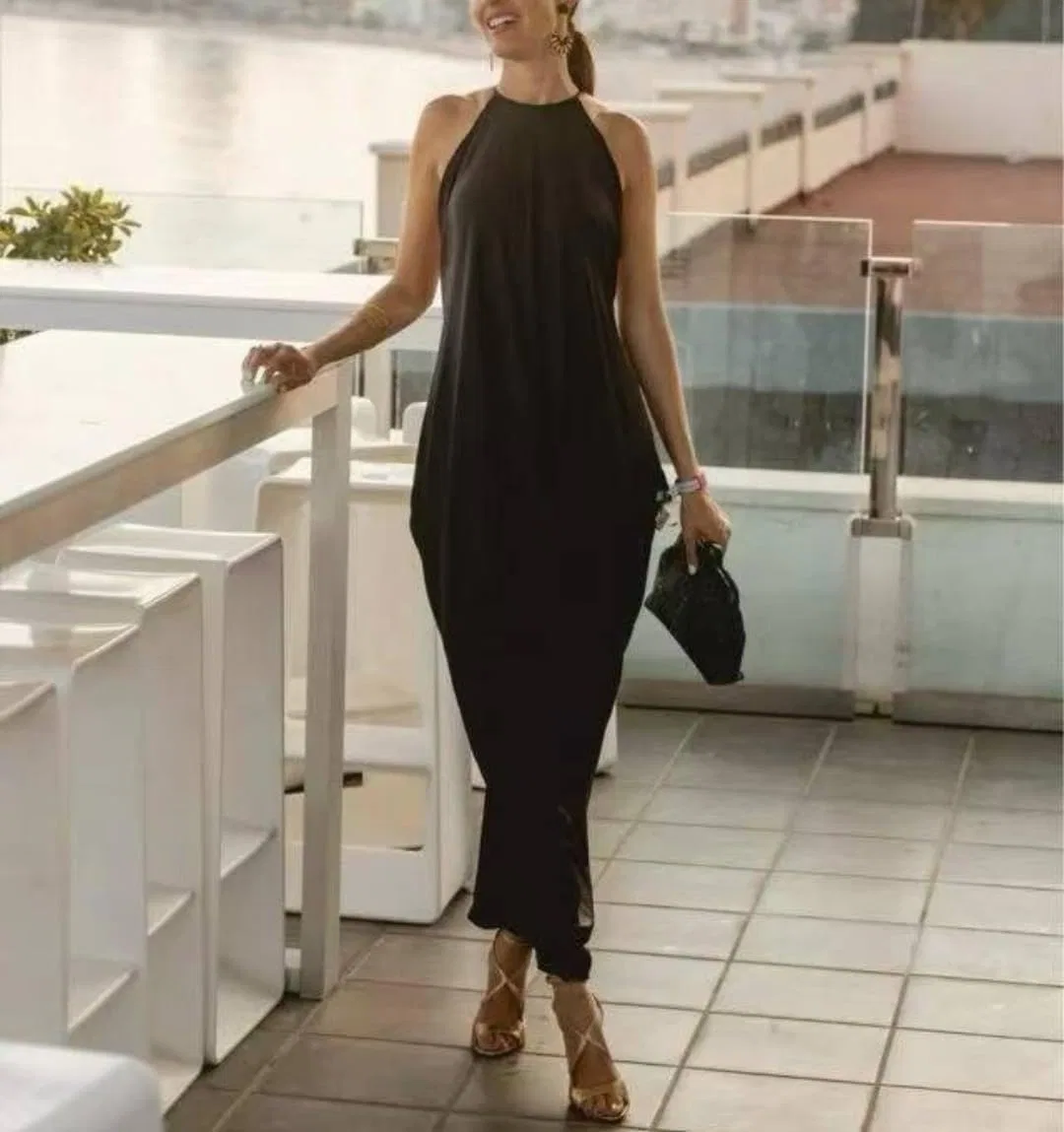 Женское макси-платье с открытой спиной из атласа, Black — фото 2