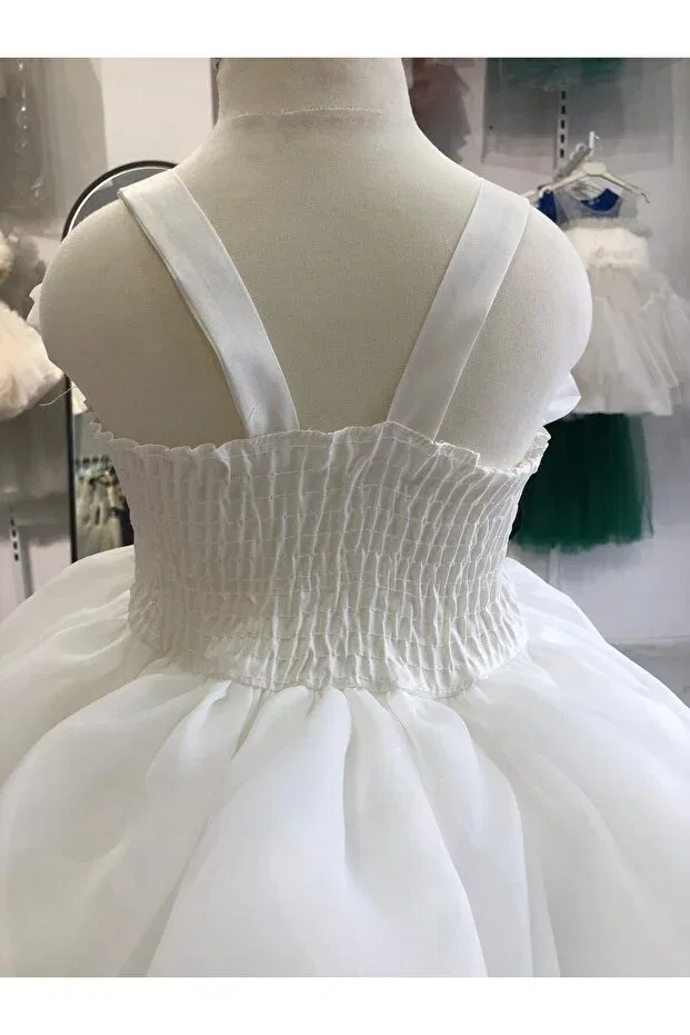 Детское вечернее платье для девочек с принтом Strappy Bow Detailed Layered Bonita, White — фото 4