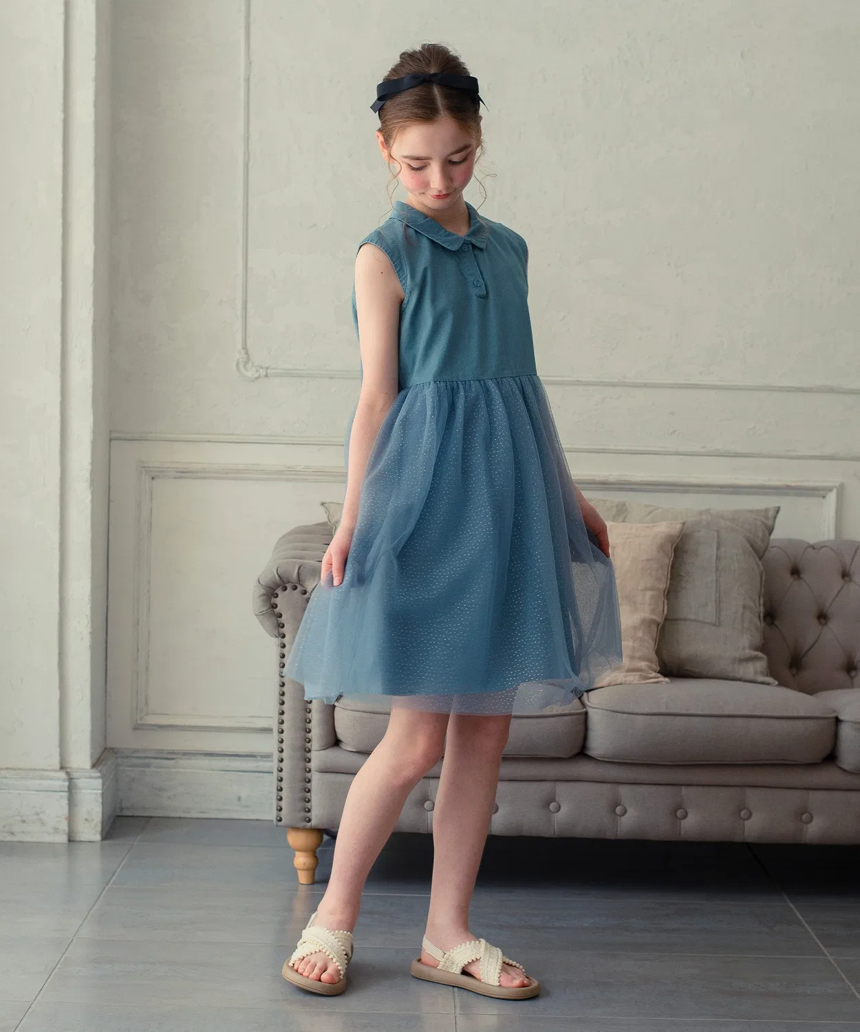 Детское платье без рукавов с принтом в горошек Light Denim Tulle DRESCCO, Blue