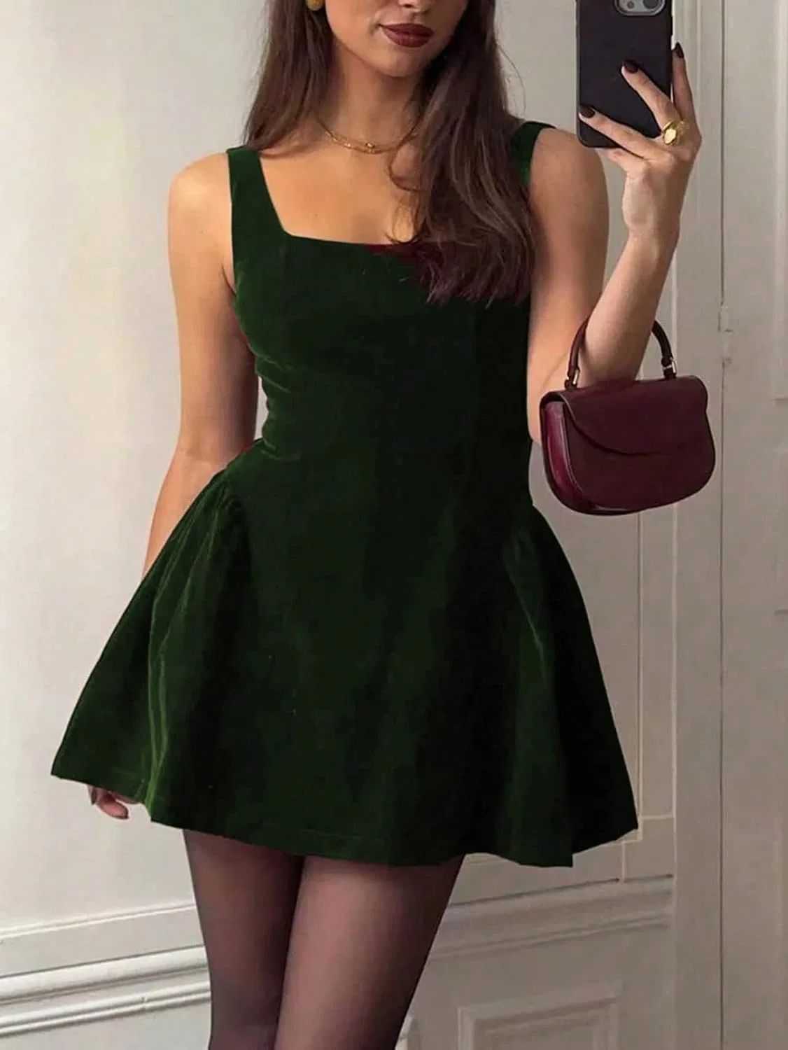 Женское элегантное A-силуэта мини-платье с открытой спиной Dark Green — фото 4