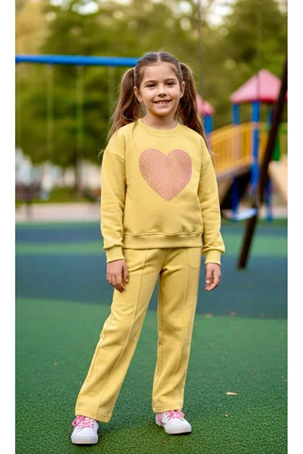 Детский комплект спортивного костюма для девочек с сердцем Kids Clup, Light Yellow