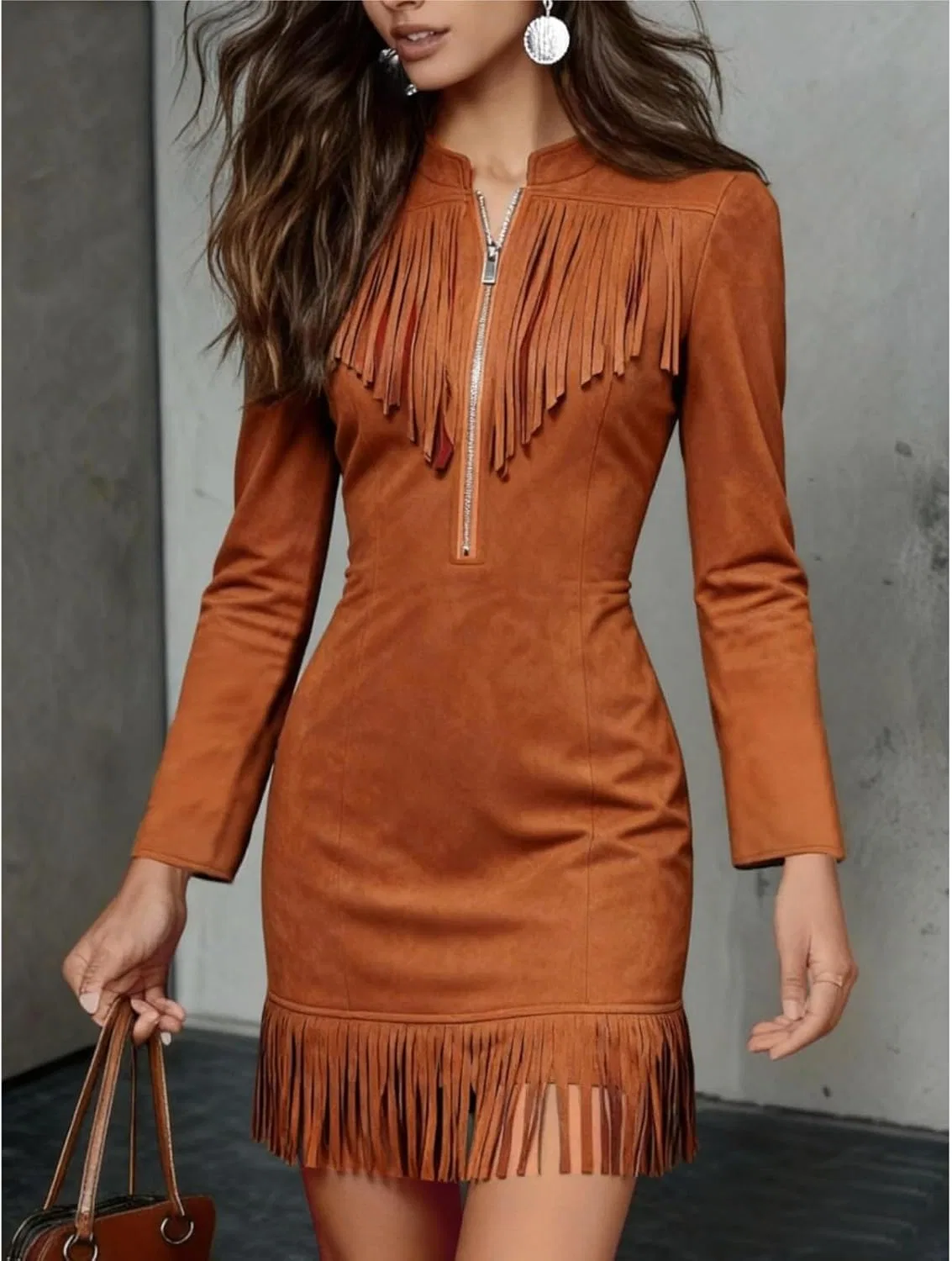 Женское мини-платье из искусственной замши с бахромой Western, Brown — фото 2