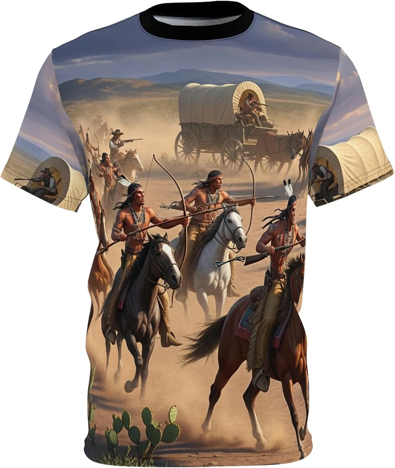 Футболка унисекс с принтом Indians Attacking a Wagon Train Black Stitching