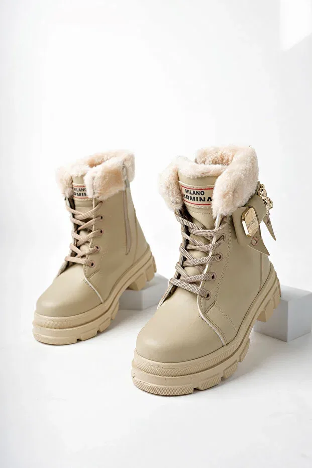 Детские ботинки для девочек с меховой отделкой Diggo, Cream Beige — фото 4