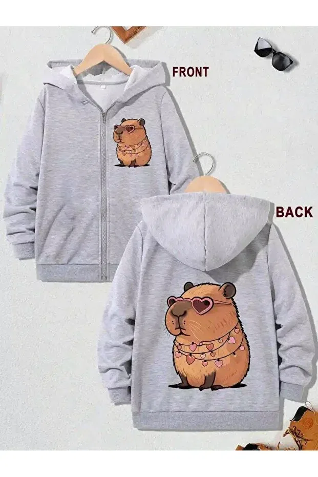 Детский кардиган с капюшоном с принтом Girl-Boy gray glasses capybara front-back printed hooded zippered cardigan Morning Kids, Gri