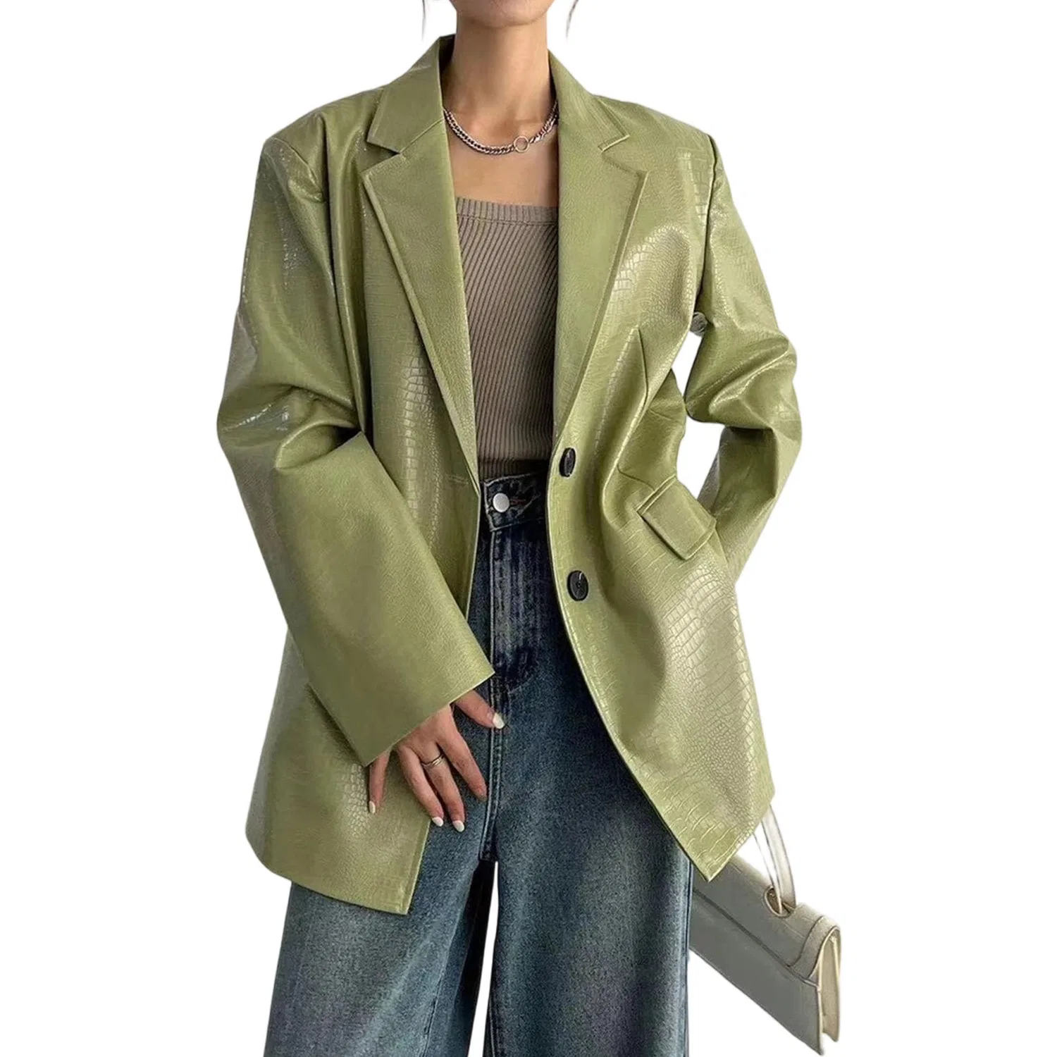 Женская куртка-косуха из экокожи с длинным рукавом, oversize, Verde chiaro
