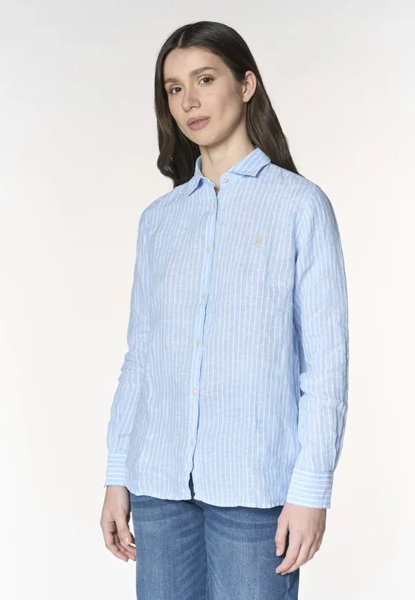 Рубашка из льна с полосками button-down blouse U.S. Polo Assn., синий