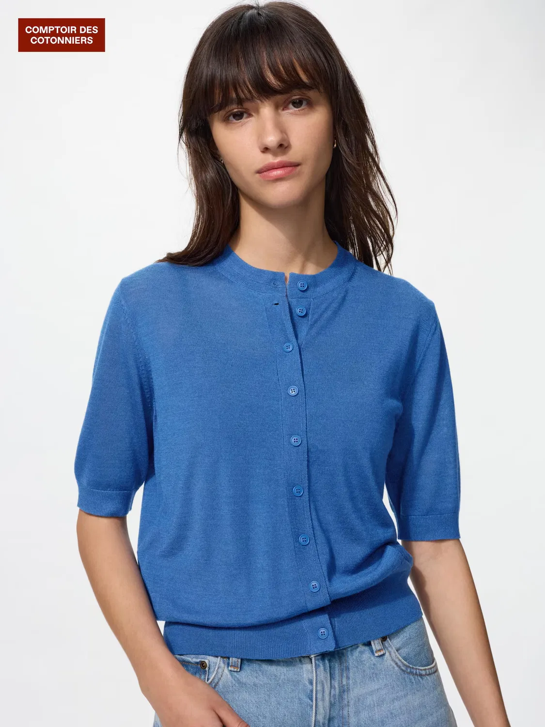 Кардиган Uniqlo, из мериносовой шерсти, с круглым вырезом, синий