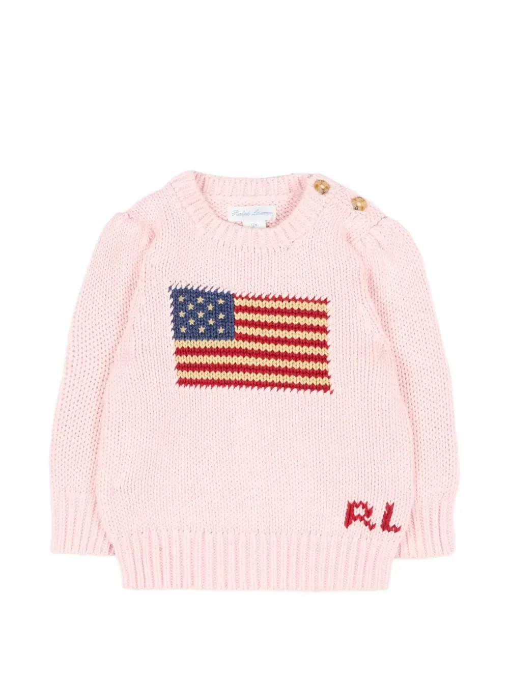Свитер с интарсией в виде флага и пуговицами на плече POLO RALPH LAUREN KIDS, розовый