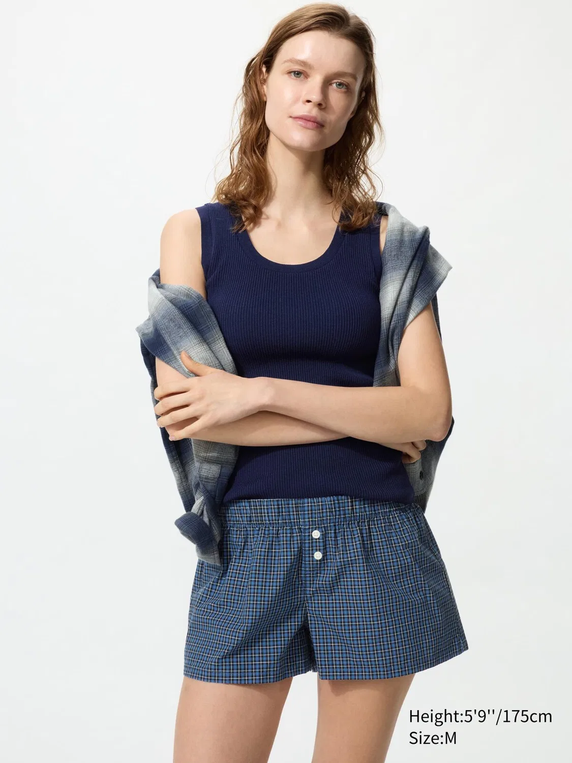 Боксерские шорты Uniqlo, свободный крой, в клетку, синий