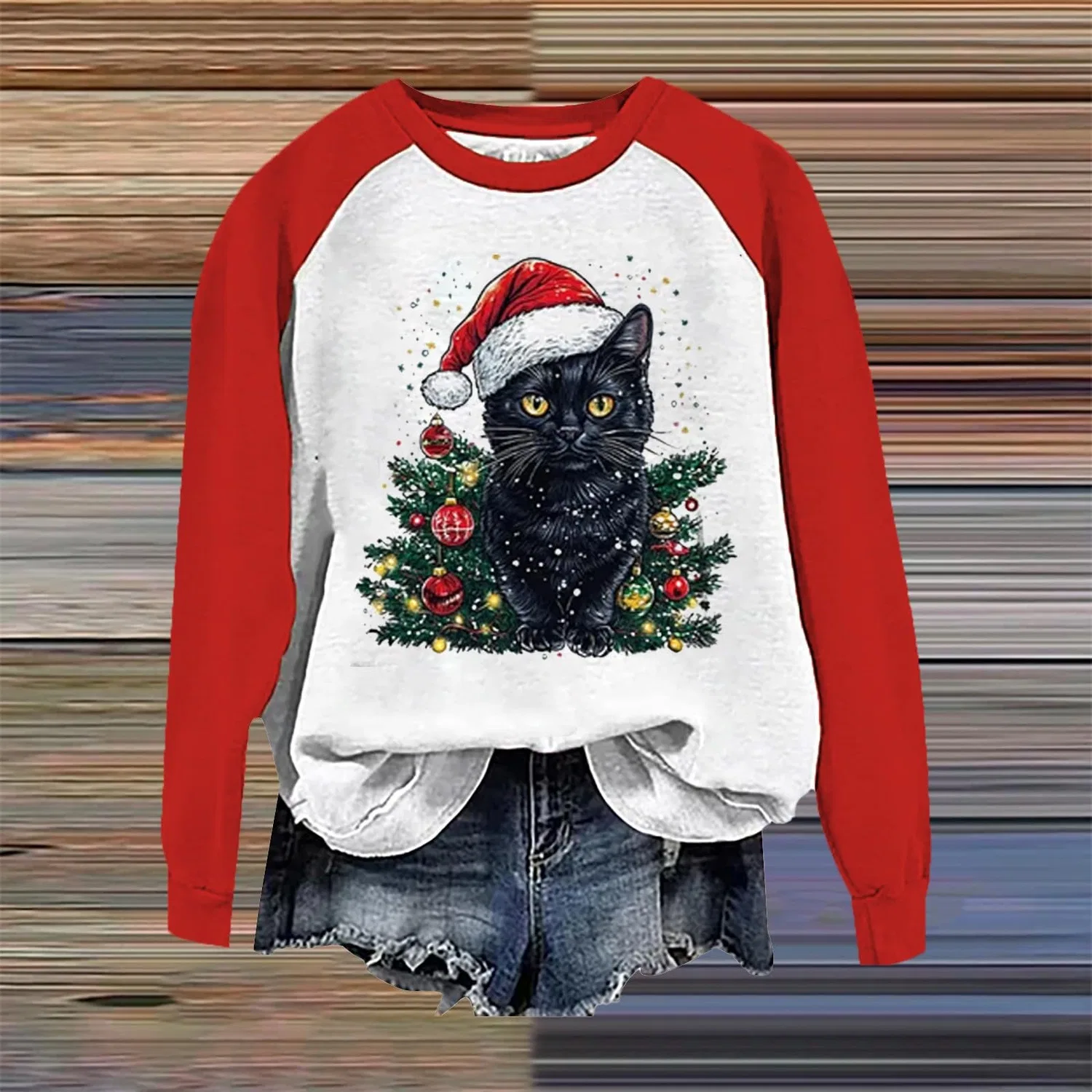 Женский свитшот с принтом Christmas Tree Funny Cat Say What Woman Pullover, Z11 Red — фото 2