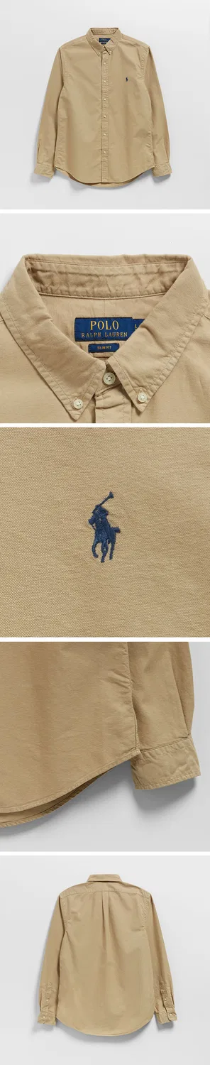 Мужская приталенная оксфордская рубашка бежевого цвета от Polo Ralph Lauren — фото 3