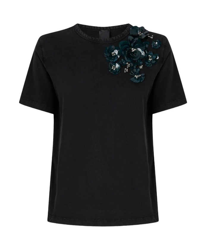 

Черная футболка с цветочной аппликацией и пайетками Pinko, черный