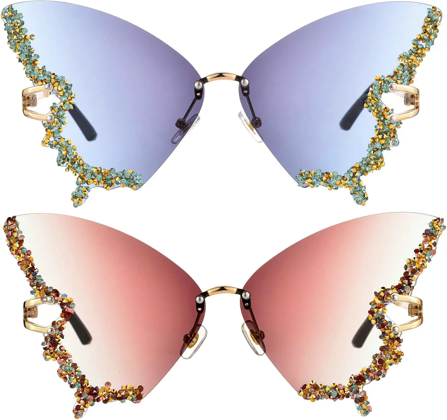 

Роскошные солнцезащитные очки-бабочки с бриллиантами для женщин, винтажные, без оправы, с крупными стразами, солнцезащитные очки в стиле Y2K mincl, 2pcs-blue&brown