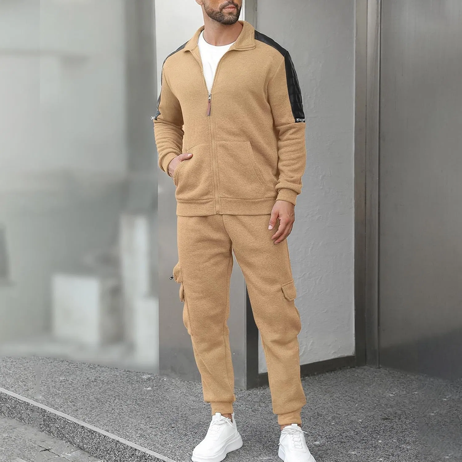 Generic Мужской повседневный комплект из двух предметов для осени: толстовка с длинным рукавом, застежкой-молнией и отворотом, спортивные брюки, костюм для выхода в свет и тренировок, хаки — фото 2