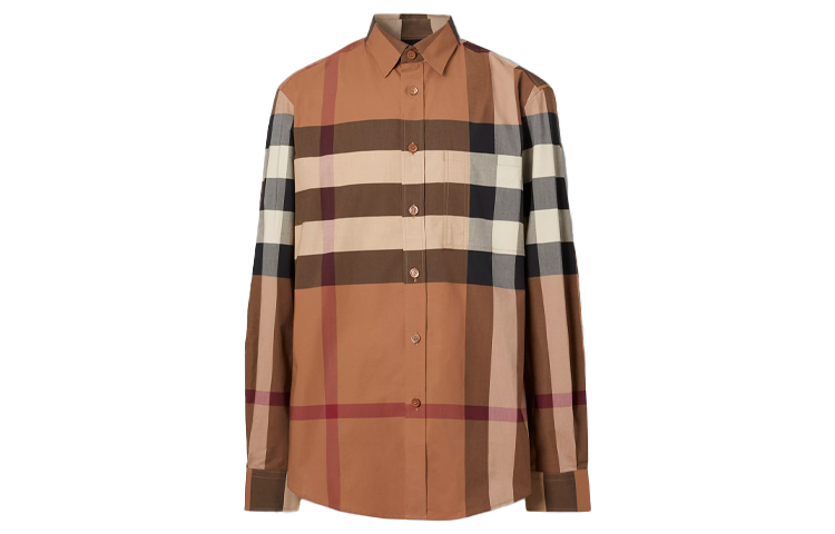 

Рубашка с длинным рукавом из эластичного поплина в клетку Burberry, Birch Brown