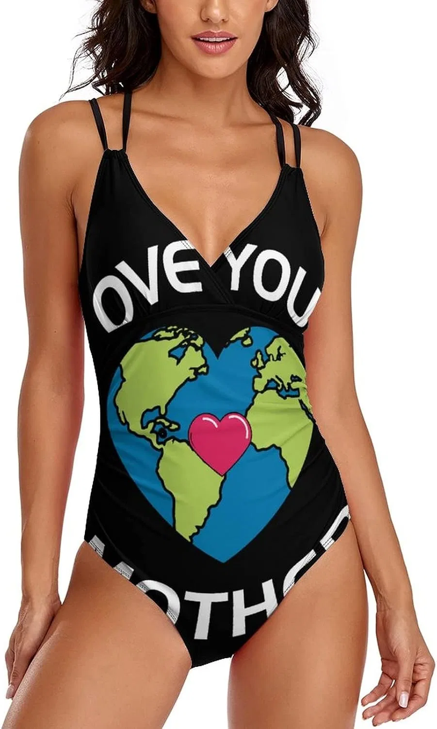 Женский слитный купальник V-образным вырезом с утяжкой живота, Love Your Mother Earth102