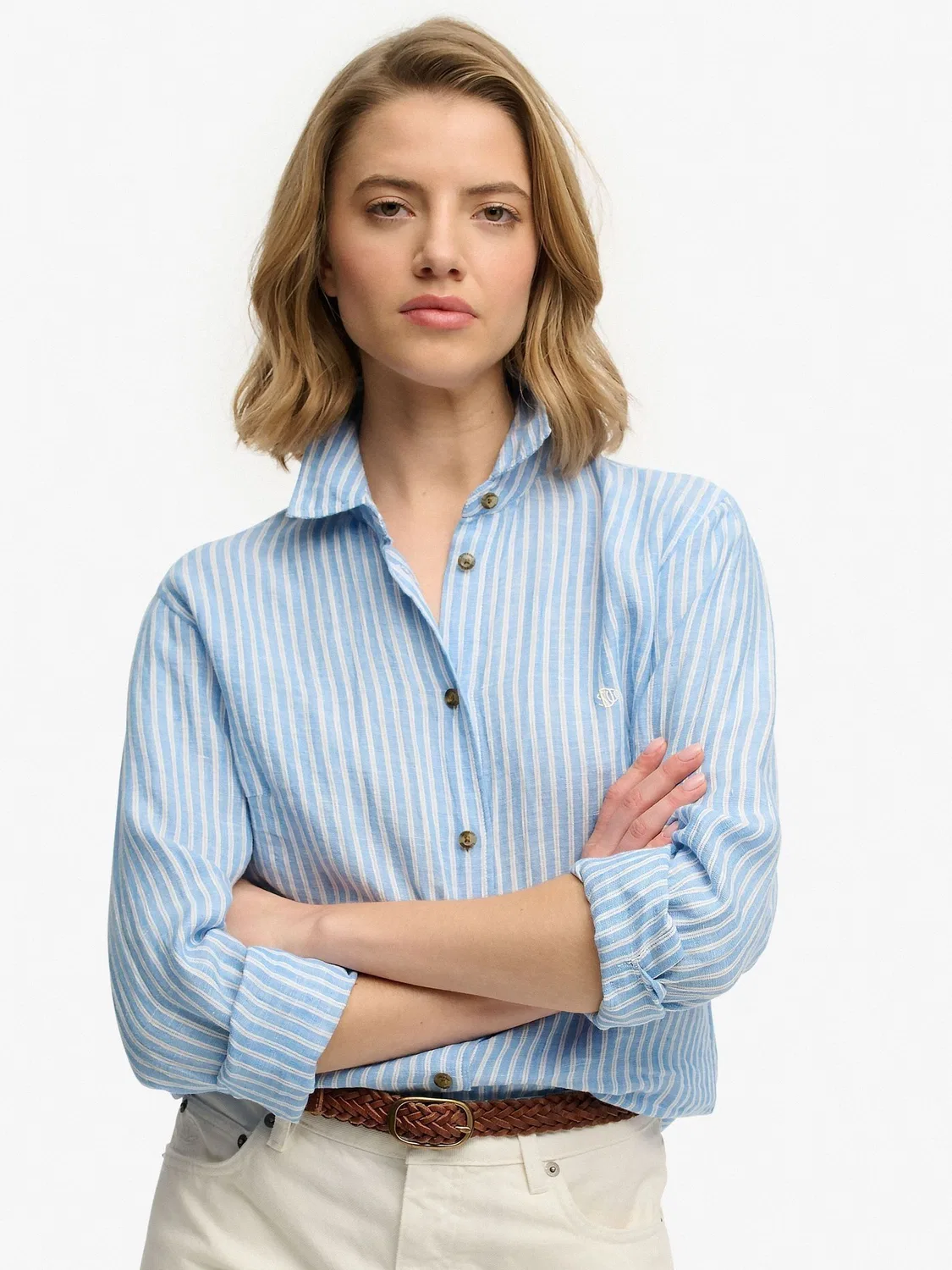 Рубашка оверсайз Premium Linen Boyfriend Shirt Superdry, синий — фото 3