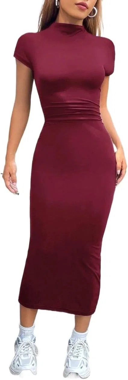 Женское миди-платье с воротником-стойкой Casual, Burgundy