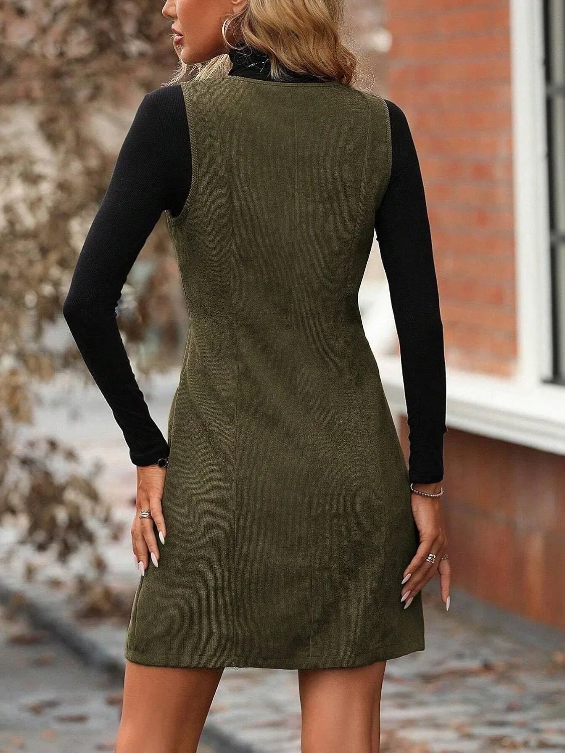 Женское короткое платье с вельветом, без рукавов, Army Green — фото 2