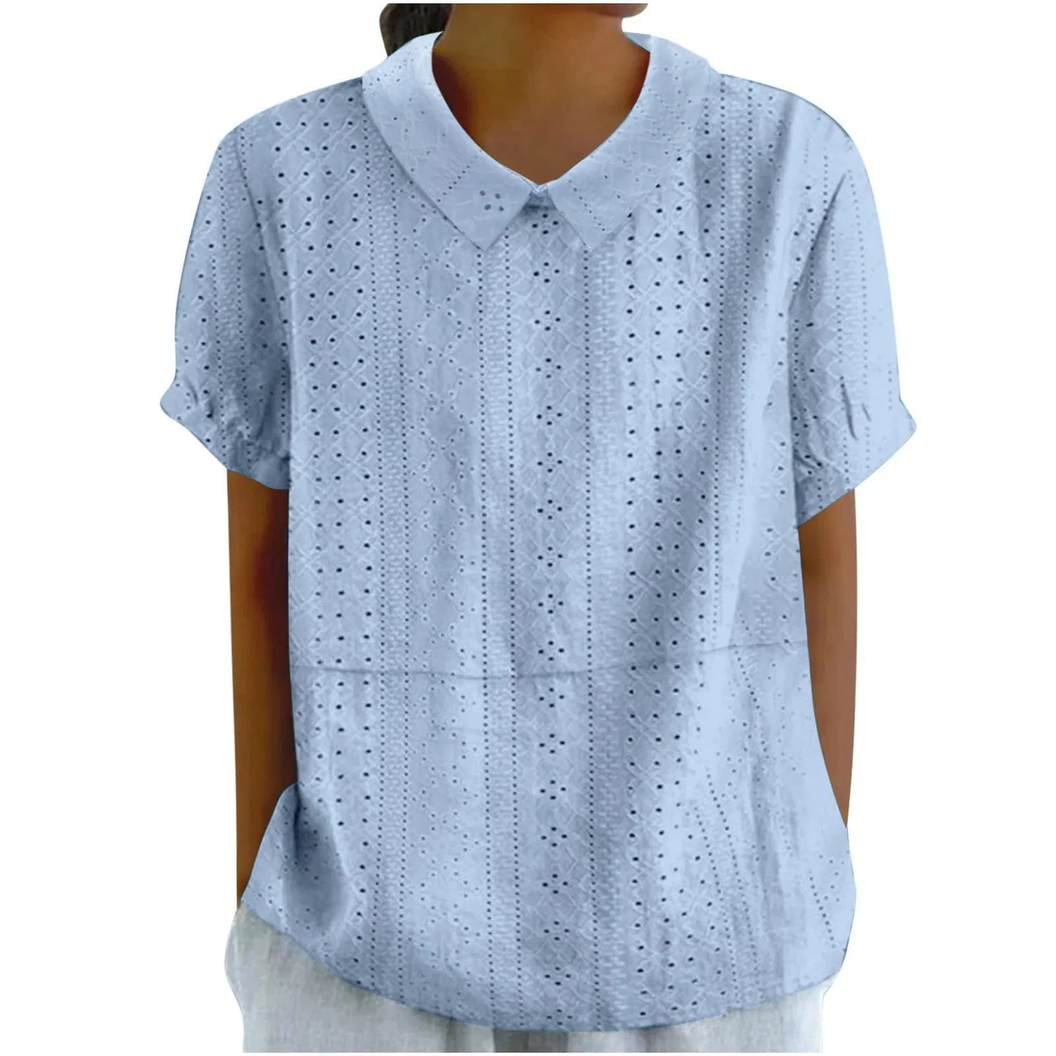 Женская льняная блузка с коротким рукавом V-образным вырезом, 04 Light Blue