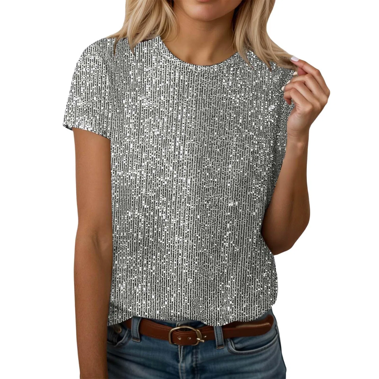 Женский топ с пайетками с коротким рукавом, I01 Grey