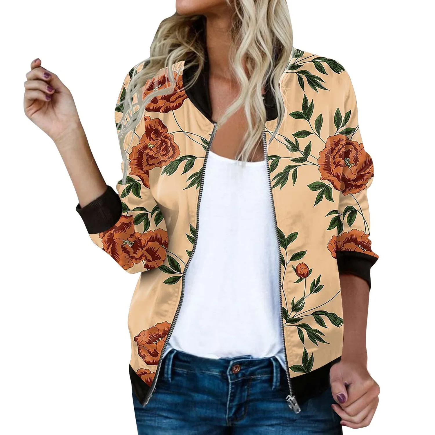 Женская куртка с принтом Casual Floral Print Short Collar Outerwear, Giallo