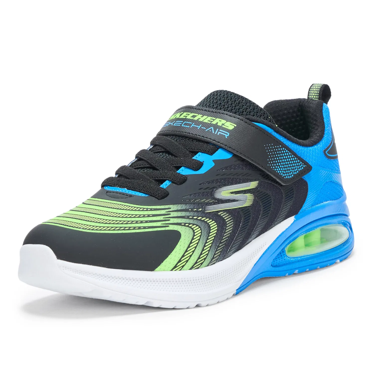 Детские кроссовки для мальчиков с максимальной амортизацией Microspec Max Advance Vortivox Skechers, Black Textile Blue Lime Synthetic Silve
