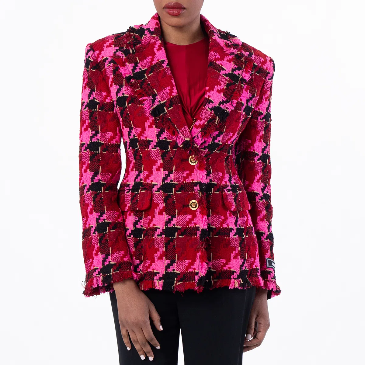 Жакет с принтом в клетку Medusa Tweed Check Versace, Parade Red/Fuchsia