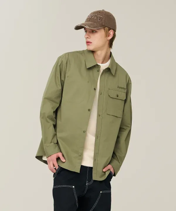 Рубашка с контрастной строчкой и накладными карманами Superdry, хаки